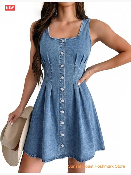 Dresses & Skirts - Women's Sleeveless Denim Dress Square Neck Mini Babydoll Romper